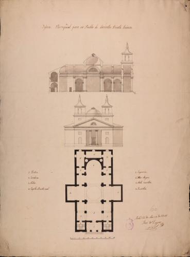Planta, alzado de la fachada principal y sección de una iglesia parroquial para un pueblo de doscientos treinta vecinos