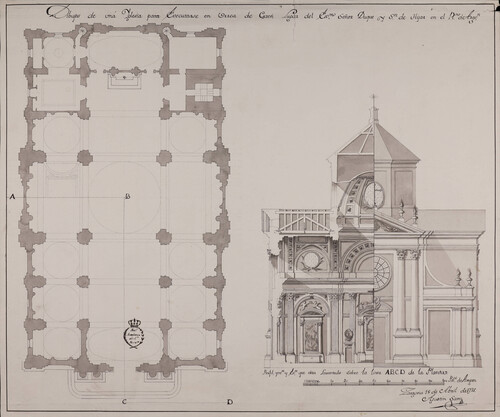 Planta, alzado y sección A.B.C.D. de una iglesia en Urrea de Gaén