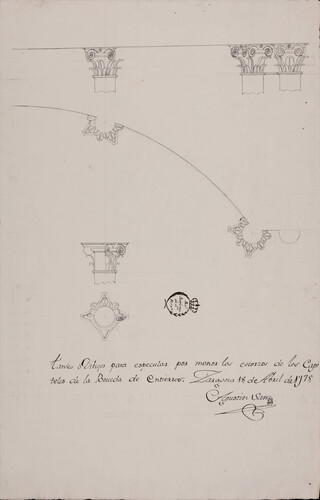 Plantas y alzados de los capiteles de una bóveda de entierros