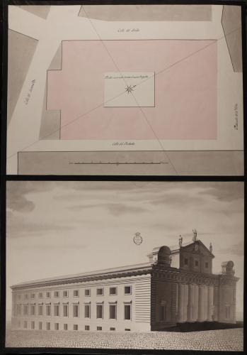 Plan topográfico y vista angular de las fachadas principal y lateralAudiencia para los tenientes corregidores de la Villa de Madrid, en el sitio que ocupa la casa donde vivía el Conde de Campomanes