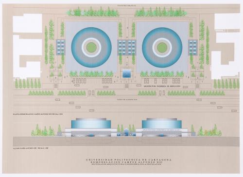 Propuesta de remodelación del Campus Alfonso XIII de la Universidad Politécnica de Cartagena (Murcia). Escuelas de Arquitectura e Ingeniería de la Edificación. Planta del conjunto de las escuelas y alzado al paseo de Alfonso XIII