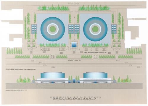 Propuesta de remodelación del Campus Alfonso XIII de la Universidad Politécnica de Cartagena (Murcia). Escuelas de Arquitectura e Ingeniería de la Edificación. Planta del conjunto de las escuelas y alzado al paseo de Alfonso XIII