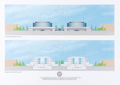  Propuesta de remodelación del Campus Alfonso XIII de la Universidad Politécnica de Cartagena (Murcia). Escuelas de Arquitectura e Ingeniería de la Edificación. Alzado y secciones longitudinales de las escuelas al paseo de Alfonso XIII