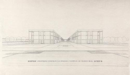 Campus de la Universidad de Castilla-La Mancha, Ciudad Real. Perspectiva de los edificios departamentales y biblioteca