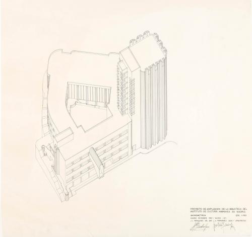 Biblioteca del Instituto de Cooperación Iberoamericana, Madrid. Vista axonométrica del proyecto de ampliación