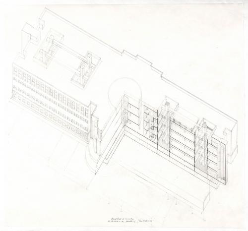 Facultad de Derecho de la Universidad Autónoma de Madrid en el Campus de Tres Cantos. Perspectiva axonométrica seccionada de los espacios académicos