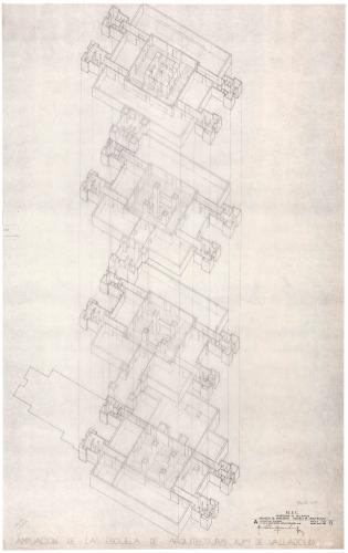 Ampliación de la Escuela Técnica de Arquitectura de la Universidad de Valladolid. Pabellón de aulas y biblioteca. Axonometría