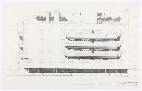 Edificio de viviendas y locales comerciales, en la calle calle Ramón y Cajal, Madrid. Alzado a calle Narcisos