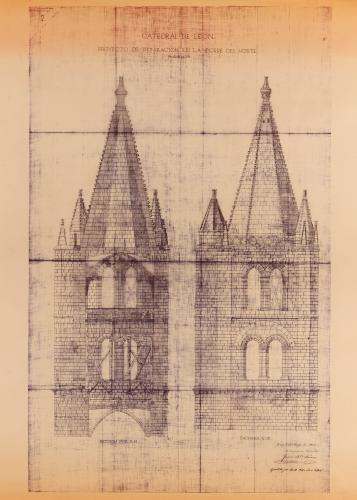 Catedral de León. Fachada sur y sección de la torre norte.