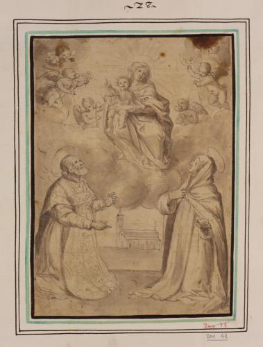 Estudio de la Virgen con el Niño en gloria y un santo (Felipe Neri?) y una santa (Roas de Lima?) arrodillados contemplándola