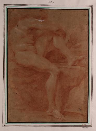 Estudio de figura masculina desnuda sentada de perfil hacia la derecha