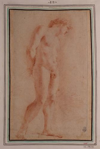 Estudio de modelo masculino desnudo de pie con las manos a la espalda