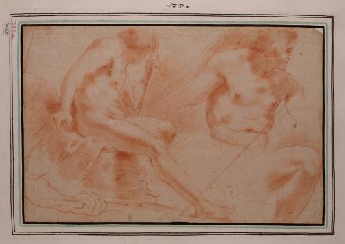 Estudio de modelo masculino desnudo sentado con cayado