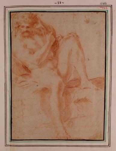 Estudio de modelo masculino desnudo sentado con la pierna izquierda flexionada