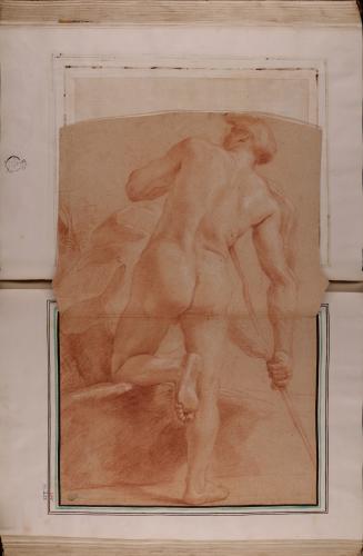 Estudio de modelo masculino desnudo de espaldas con vara