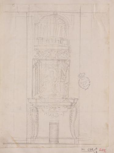 Estudio para tumba de cardenal sobre una puerta y tribuna en la parte superior