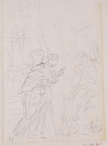 Estudio compositivo de un Ángel y las Marías ante el sepulcro de Jesús