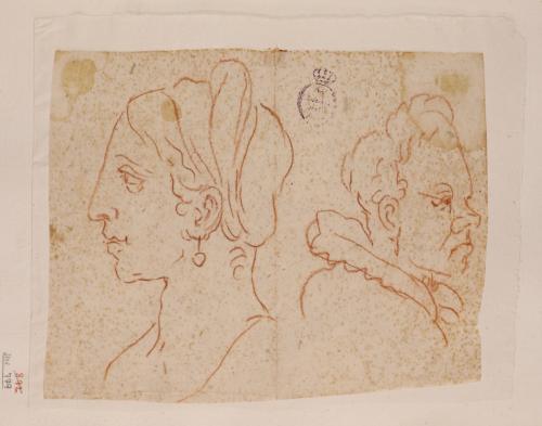 Dos caricaturas de perfil, dama hacia izquierda y masculina engolada hacia la derecha