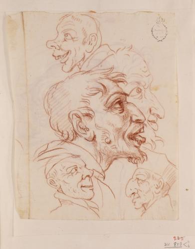 Cinco caricaturas masculinas de perfil, tres de prelados, hacia izquierda y derecha