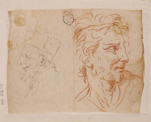 Caricatura de perfil de prelado a la izquierda y cabeza masculina a la derecha