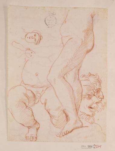 Bocetos de cuerpos infantiles, dos caricaturas masculinas de perfil hacia la derecha y apuntes de cabezas de niño