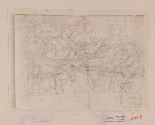 Estudio de soldado romano en pie ante una figura femenina sentada