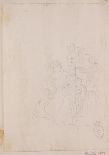 Apunte ligero de figura femenina con dos niños y dos figuras en pie