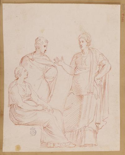 Estudio de dos mujeres y un hombre vestidos a la romana conversando