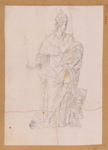 Estudio de figura alegórica con una flor de lis en la mano derecha, acompañado de dos perros