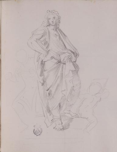 Figura masculina de pie, acompañada de un amorcillo y de otra figura esbozada