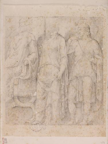 Copia de un relieve romano con dos figuras masculinas y una femenina de pie