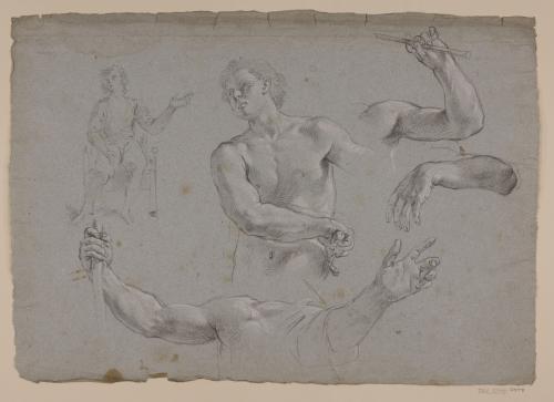 Estudio de figura desenvainando, brazo con vara, brazo y mano y ligero apunte de figura sentada