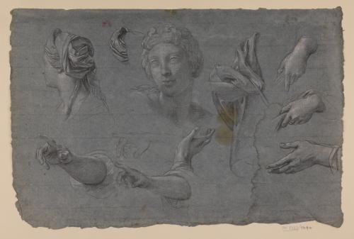 Estudio de cabeza femenina con turbante, cabeza de escultura clásica manos, brazos y paño