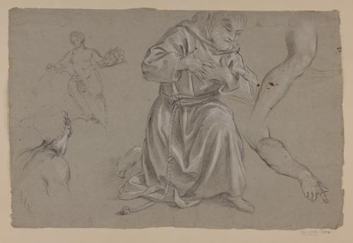 Estudio de monje arrodillado, torso masculino, pierna, brazo y ligero apunte de figura femenina