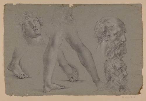 Estudio de cabezas masculinas antiguas (Homero, filósofo) y piernas
