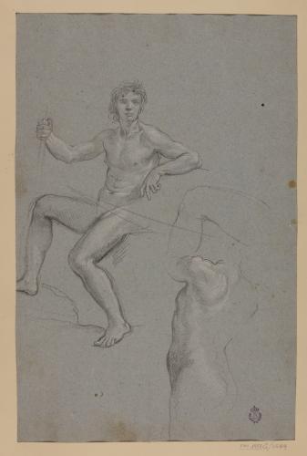 Estudio de figura sentada con cayado y torso masculinos desnudos