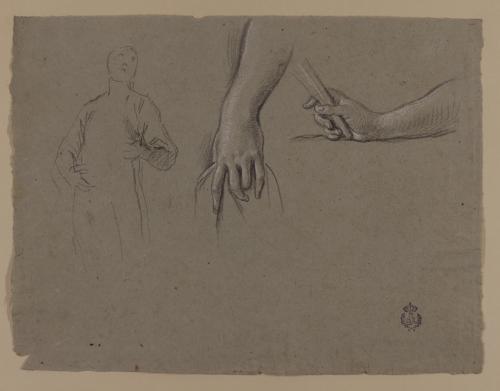 Estudio de dos manos femeninas y apunte de figura en pie