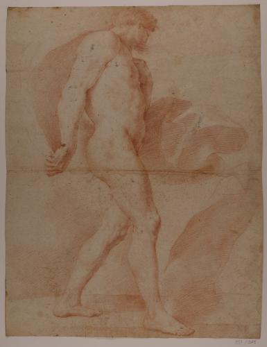 Estudio de modelo masculino desnudo de pie en movimiento hacia la derecha