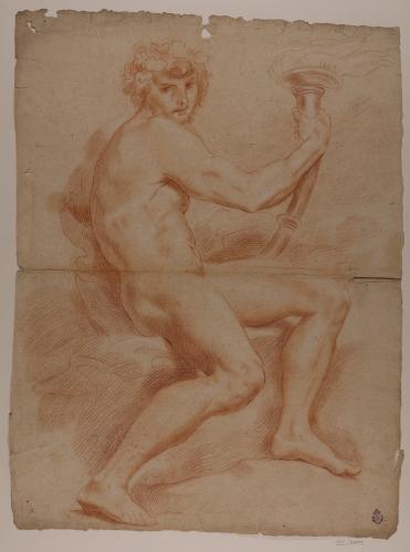 Estudio modelo masculino desnudo sentado de perfil hacia la derecha con antorcha