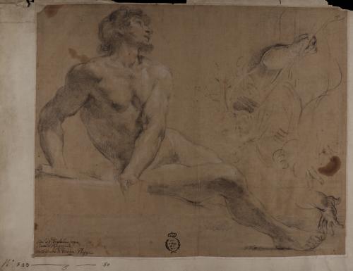 Estudio de modelo masculino desnudo sentado, manos y de media figura