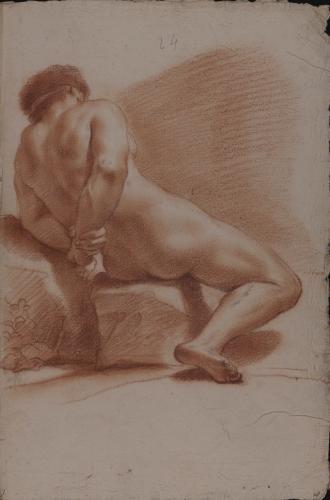 Estudio de modelo masculino desnudo sentado de espaldas