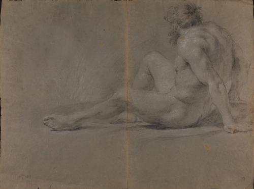 Estudio de modelo masculino desnudo sentado en el suelo de espaldas