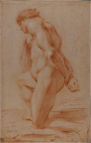 Estudio de modelo masculino desnudo arrodillado con las manos en la espalda