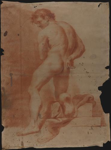 Estudio de modelo masculino desnudo semiarrodillado con una mano a la espalda