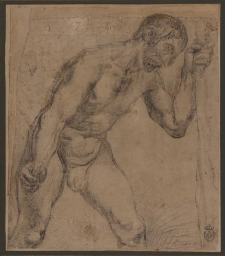 Estudio de modelo masculino desnudo de tres cuartos hacia la derecha con clava