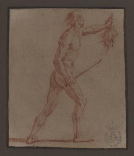 Estudio de figura masculina desnuda con una cabeza cortada en la mano y una espada en la otra