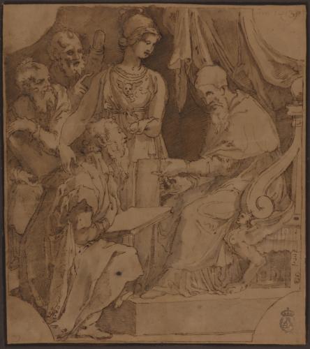 Estudio de la presentación de Minerva de un artista (Miguel Ángel?) al Papa (Julio II?)
