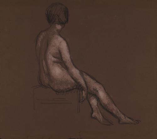 Estudio de mujer desnuda de espaldas sentada en taburete