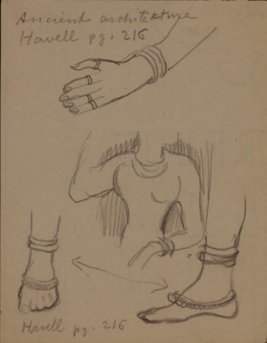 Apunte de mano, torso y pies de figuras femeninas hindúes (apsarás)