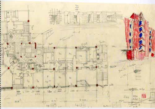    Edificio de viviendas sociales en el recinto histórico de Salamanca. Planta y croquis